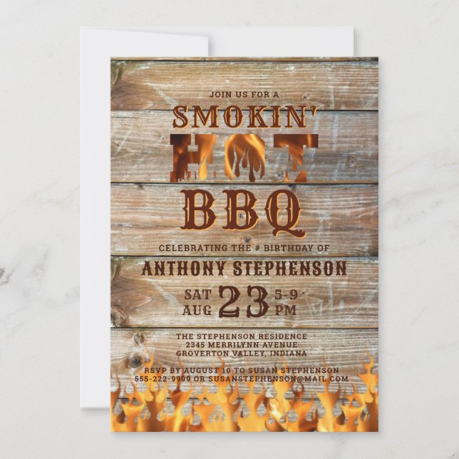Barbeque Birthday Wood Smokin Hett BBQ Inbjudningar (Framsida)