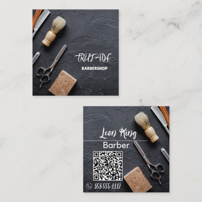 Barber Barbershop-Professionellen QR Grått Fyrkantigt Visitkort (Fram/baksida)