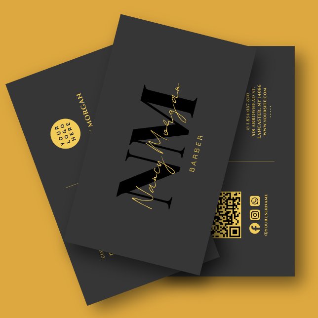 Barber Black Gold Monogram QR-kod Logotyp Visitkort (Skapare uppladdad)