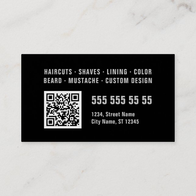Barber Black Grått Bold Typography QR-kod Visitkort (Baksida)