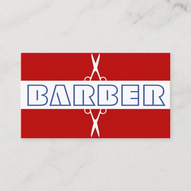 Barber-butikens moderna vita blåröda Affärskort Visitkort (Framsida)