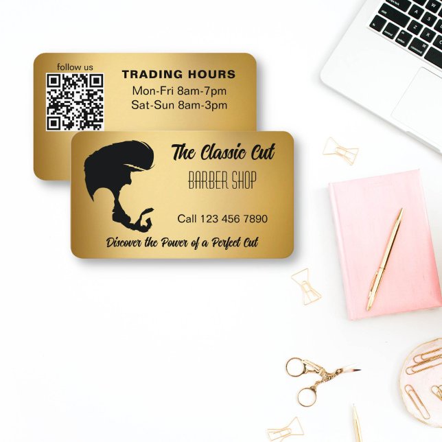 Barber-butikens qr-kod guld och svart visitkort (Barber shop business cards qr code gold and black men haircut silhouette barber business cards)