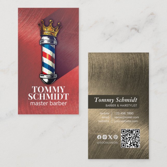 Barber Hair Shop Royal Krona Barber Pole QR-kod Visitkort (Fram/baksida)