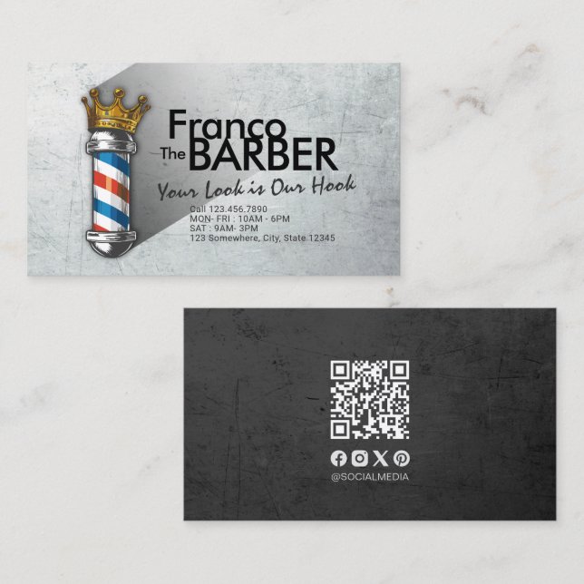 Barber Hair Shop Royal Krona Barber Pole QR-kod Visitkort (Fram/baksida)