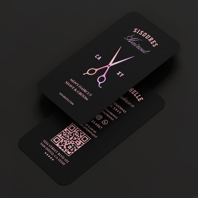 Barber Hair Stylist Black Rosa Lila Scissors Visitkort (Barber Hair Stylist Black Pink Purple Scissors Business Card
)