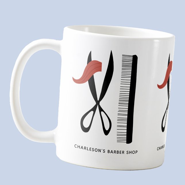 Barber Hairdresser Business Kaffemugg (Barber hairstylist hairdresser custom text promotional mug with scissors and comb)