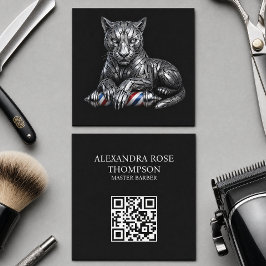 Barber Logotyp Metall Silver Rakhy Panther Barber Fyrkantigt Visitkort