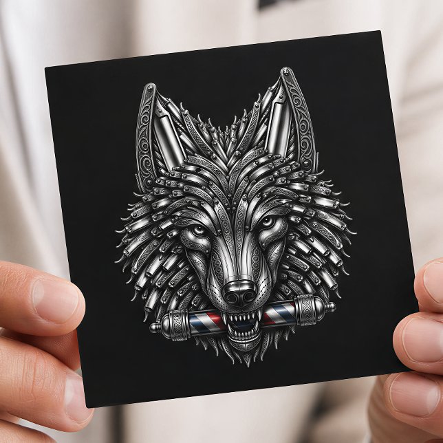 Barber Logotyp Silver Metall Rakhyvel Varg  Barber Fyrkantigt Visitkort (Skapare uppladdad)