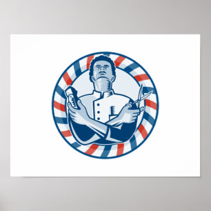 Barber med polhårklippare och saxar Retro Poster