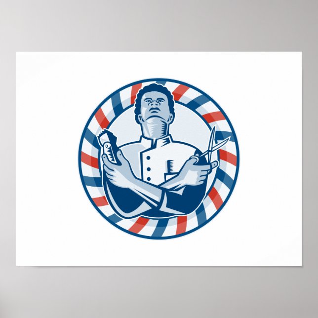 Barber med polhårklippare och saxar Retro Poster (Framsidan)