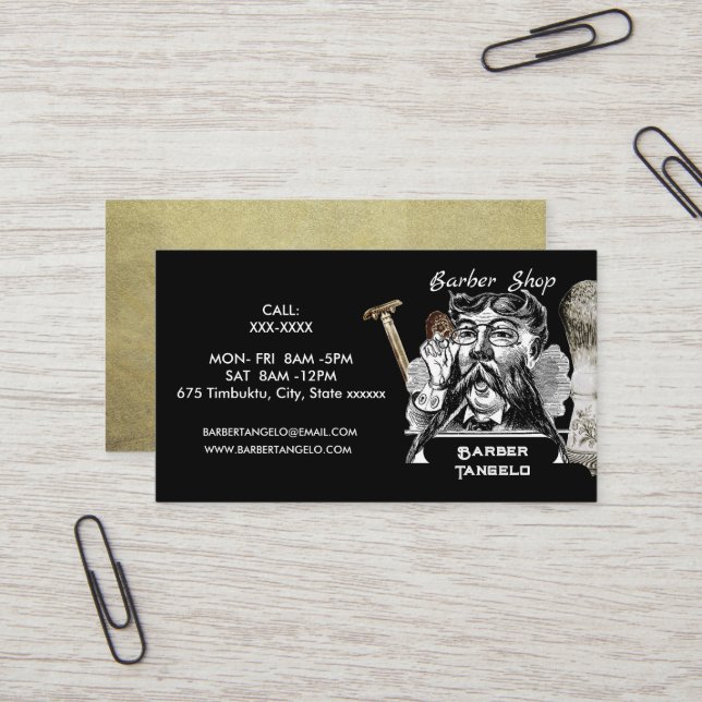 Barber Mustache Guld Black Professionell Visitkort (Fram/Back In Situ)