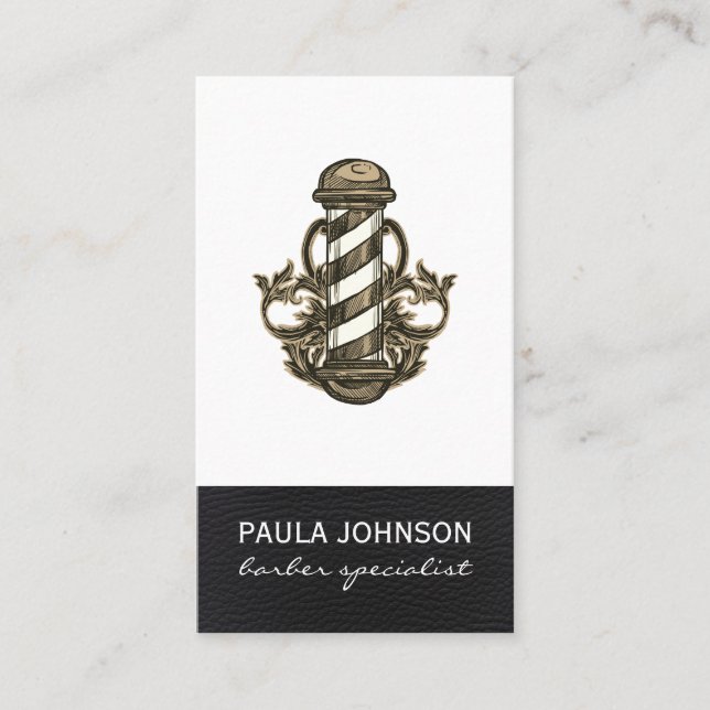 Barber Pole Möte Leather Stylist Barber Visitkort (Framsida)