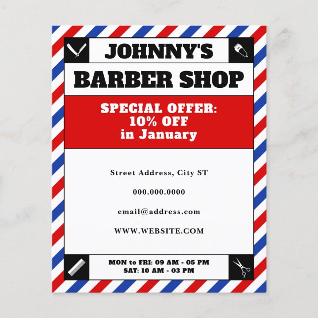 Barber rand röd och blå ram flygblad (Framsidan)