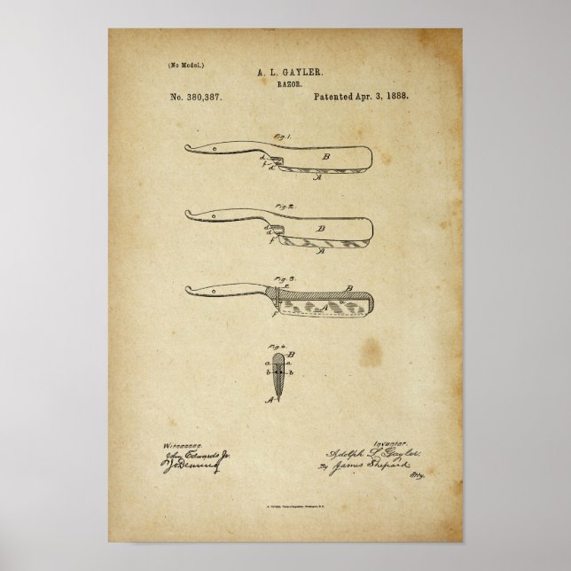 Barber Razor Antique Patent Poster gammalt LooK (Framsidan)