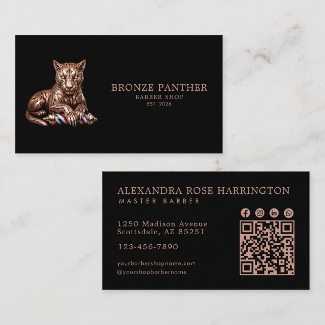 Barber Rose Gold Panther Barber Shop Qr-kod Visitkort (Fram/baksida)