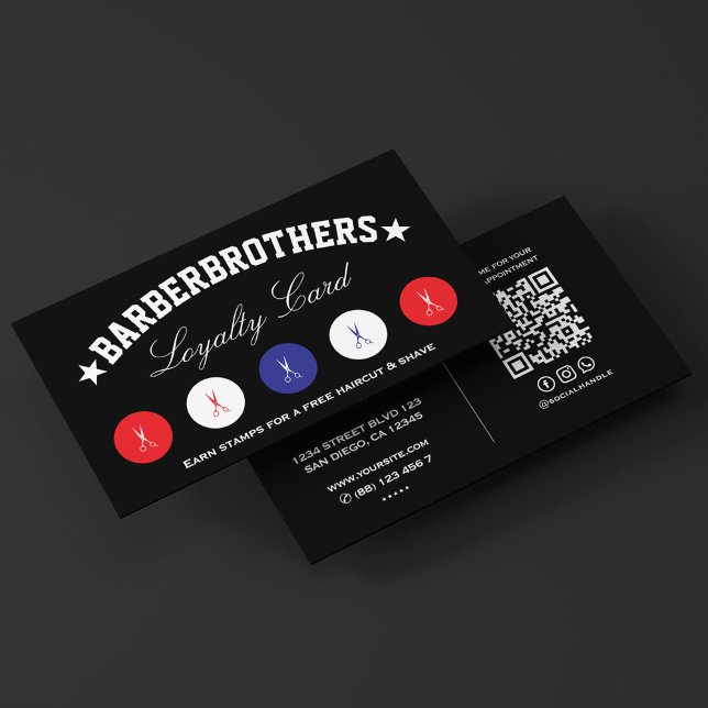 Barber Scissors Rött vitt blått Black Loyalty Visitkort (Barber Scissors Red White Blue Black Loyalty Business Card
)