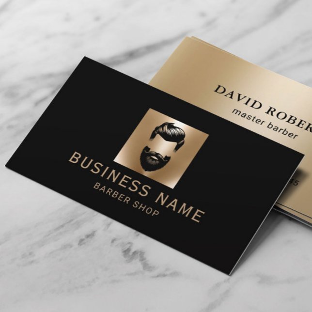 Barber Shop Beard Man Hair Stylist Black & Guld Visitkort (Skapare uppladdad)