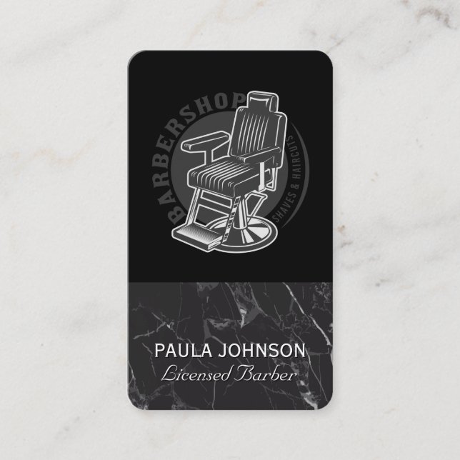 Barber Shop Chair | Black Marble Business Card Visitkort (Framsida)