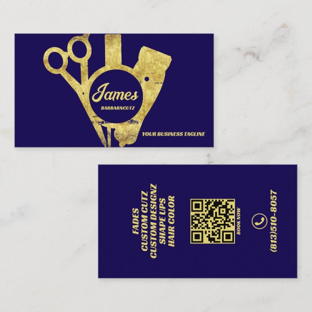 Barber Shop Gold Blue Salon Visitkort (Fram/baksida)