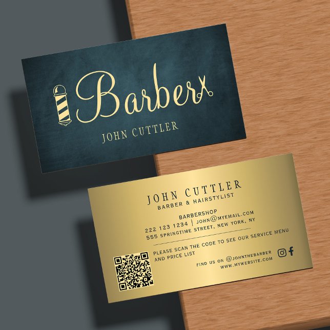 Barber shop guld navy stolpe sax QR-kod Visitkort (Skapare uppladdad)