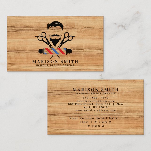 Barber Shop Hair Stylist Wood Visitkort (Fram/baksida)