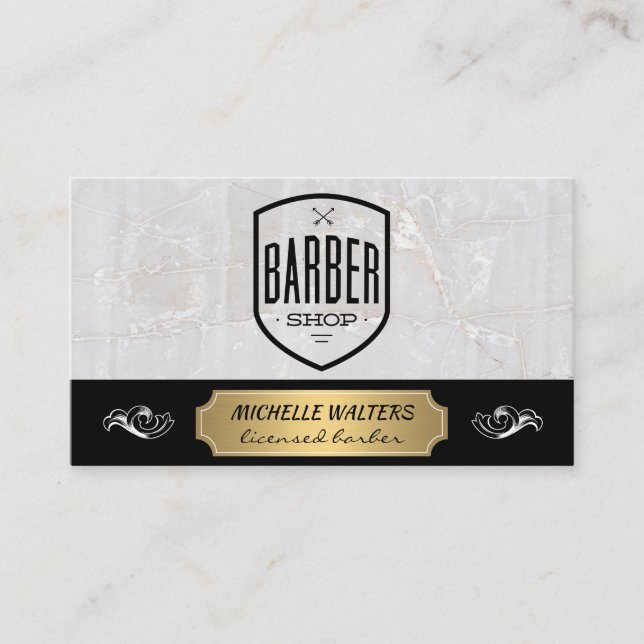 Barber Shop | Marble och Guld Plated Visitkort (Framsida)