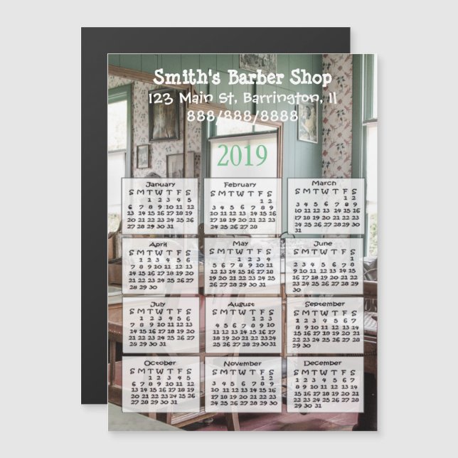 Barber Shop Mini Calendar 2019 Magnetisk Inbjudningskort (Fram/baksida)