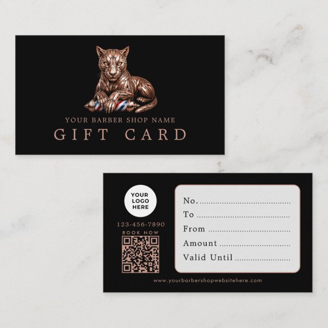 Barber Shop Rose Gold Panther Qr Code Presentkort Visitkort (Fram/baksida)