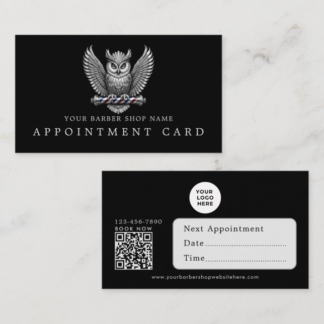 Barber Shop Silver Owl Qr Code Bokningskort Visitkort (Fram/baksida)