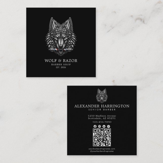 Barber Shop Silver Wolf Professional Qr-kod Fyrkantigt Visitkort (Fram/baksida)