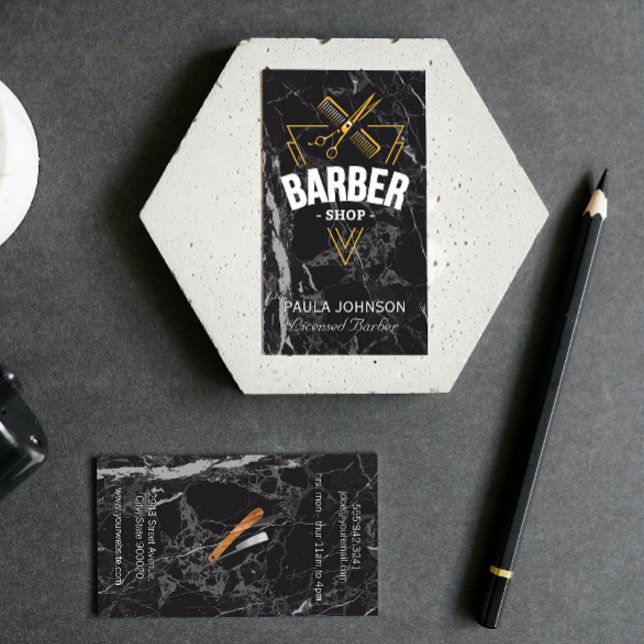 Barber Shop | Svart marmor-Affärskort Visitkort (Skapare uppladdad)