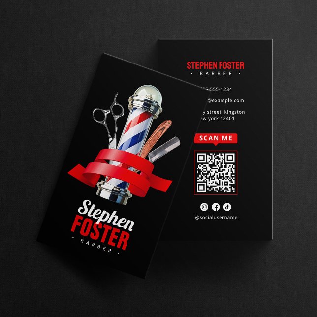 Barber Shop Svart & Röd Stång Barbershop QR-kod Visitkort (Skapare uppladdad)