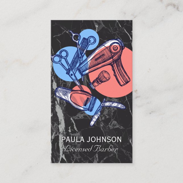 Barber Shop Verktyg | Black Marble Visitkort (Framsida)