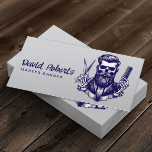 Barber Skull Barbershop Navy Blue Hair Stylist Visitkort