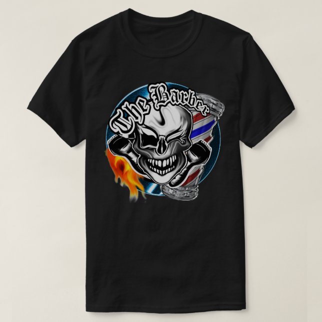Barber Skull med Flaming Razor T Shirt (Design framsida)