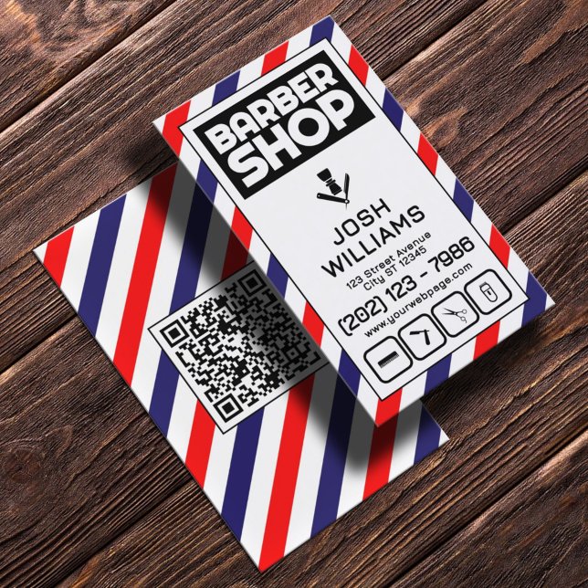 Barber stripes blå och röd barbershop logotyp visitkort (Skapare uppladdad)