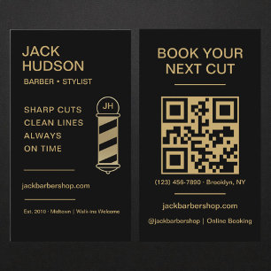 Barberaffär QR-kod Svart Guld Frisör Klippning Visitkort