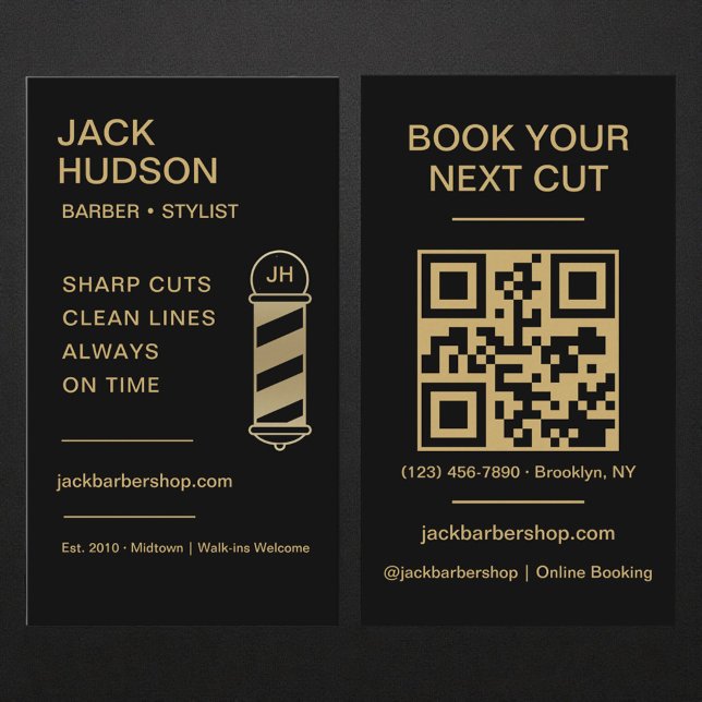 Barberaffär QR-kod Svart Guld Frisör Klippning  Visitkort (Skapare uppladdad)