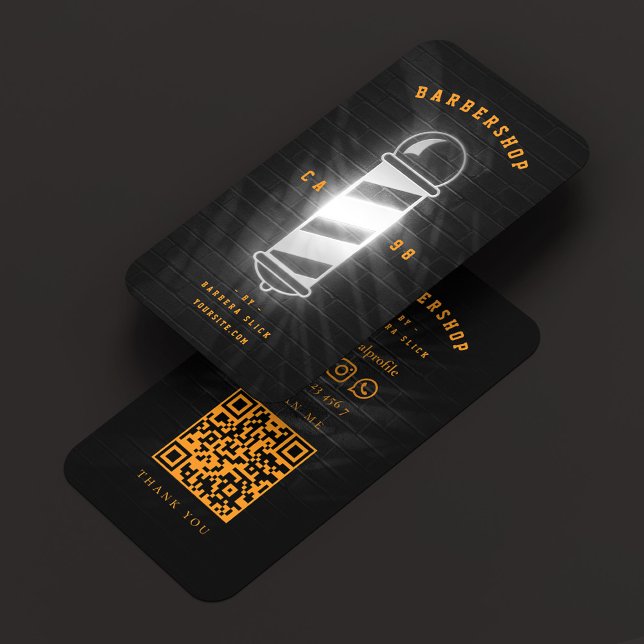 Barberaffär Svart Orange Barberstolpe Retro Modern Visitkort (Barbershop Black Orange Barber Pole Retro Modern Business Card
)