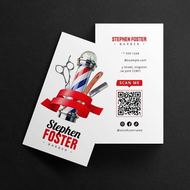 Barberare Affär Röd Barberarstång Barbershop QR-ko Visitkort (Skapare uppladdad)