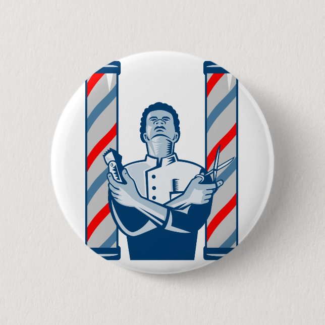 Barberare med den Retro Pole hårclipperen och sax Knapp (Framsida)