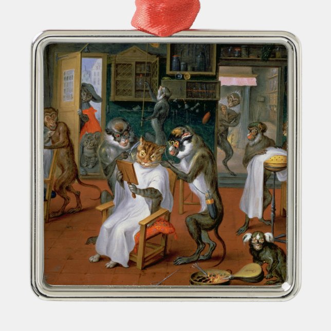 Barberaren shoppar med apor och katter julgransprydnad metall (Framsidan)