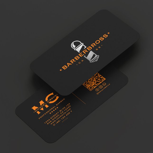Barberbutik Minimal barberstolpe Svart Orange Visitkort (Barbershop Minimal Barber Pole Black Orange Business Card
)