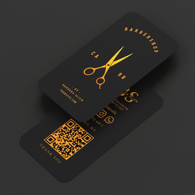 Barberbutik Svart Orange Sax Barberare Visitkort (Barbershop Black Orange Scissors Barber Business Card
)