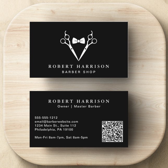 Barbershop Barber QR Code Black Visitkort (Input your website address to create a scannable QR code)