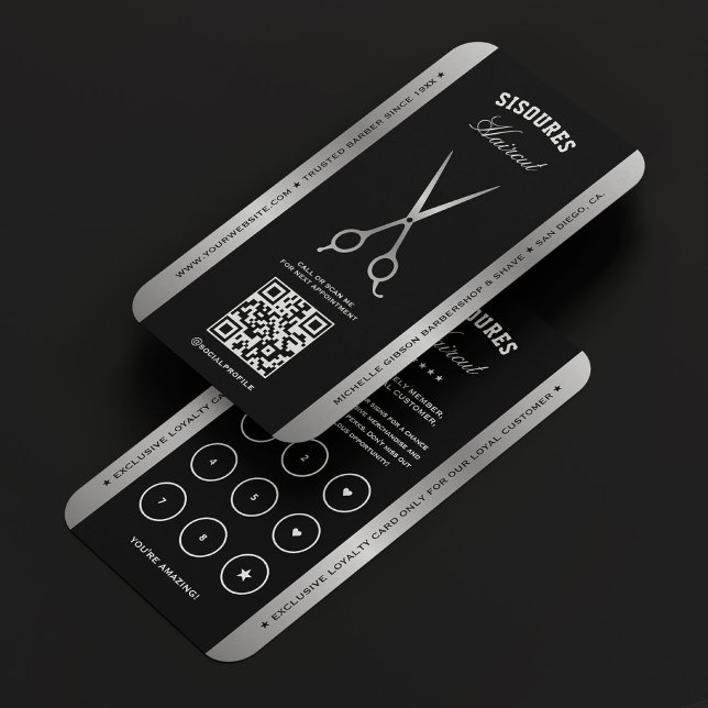 Barbershop Black Silver Scissors Elegant Loyalty Visitkort (Barbershop Black Silver Scissors Elegant Loyalty Business Card
)