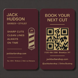 Barbershop Burgundy Gold Barber Haircut QR Code Visitkort