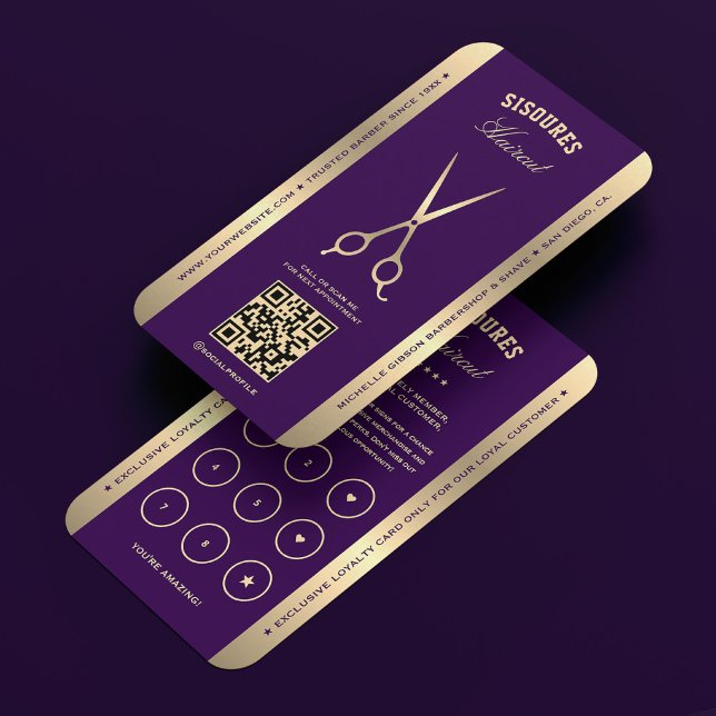 Barbershop Dark Purple Barber Loyalty Card Visitkort (Barber dark purple gold scissors loyalty business card)