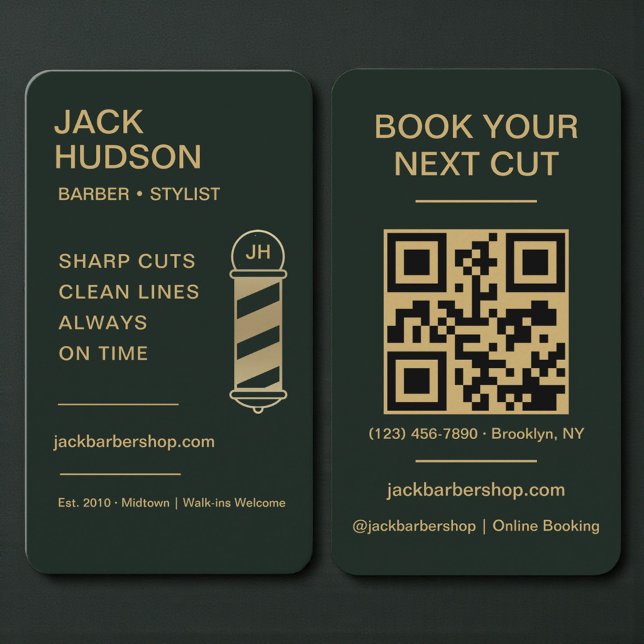 Barbershop Grön Guld Barber Klippning QR-kod Visitkort (Skapare uppladdad)