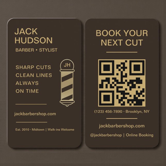 Barbershop Mocha Brown Gold Barber Haircut QR Code Visitkort (Skapare uppladdad)